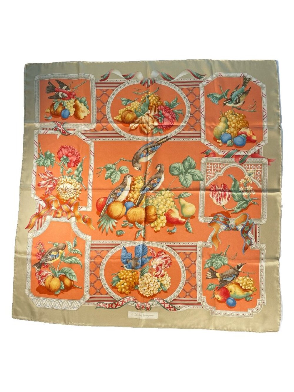 Salvatore Ferragamo Silk Scarf – Birds & Fruit Still Life Made in Italy 34"